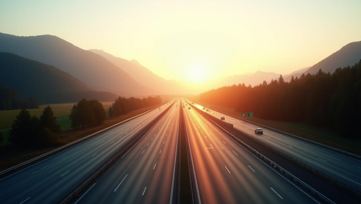 Österreichische Autobahn bei Sonnenaufgang